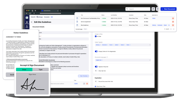 Visitor management system interface for managing NDAs and legal documents